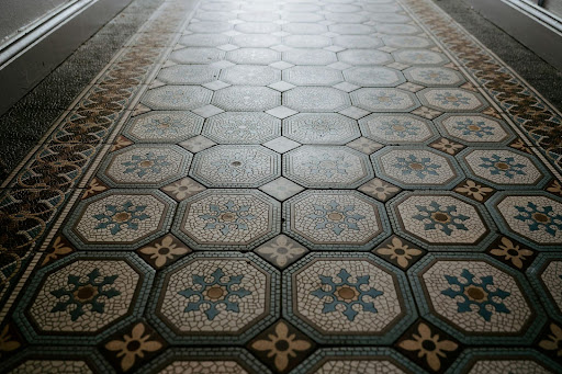 A mosaic tile flooring