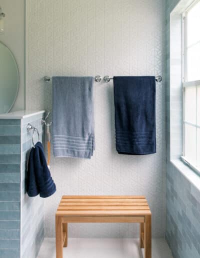 remodeling for retirement shower bench with towels and accent tile – Hughes Bath